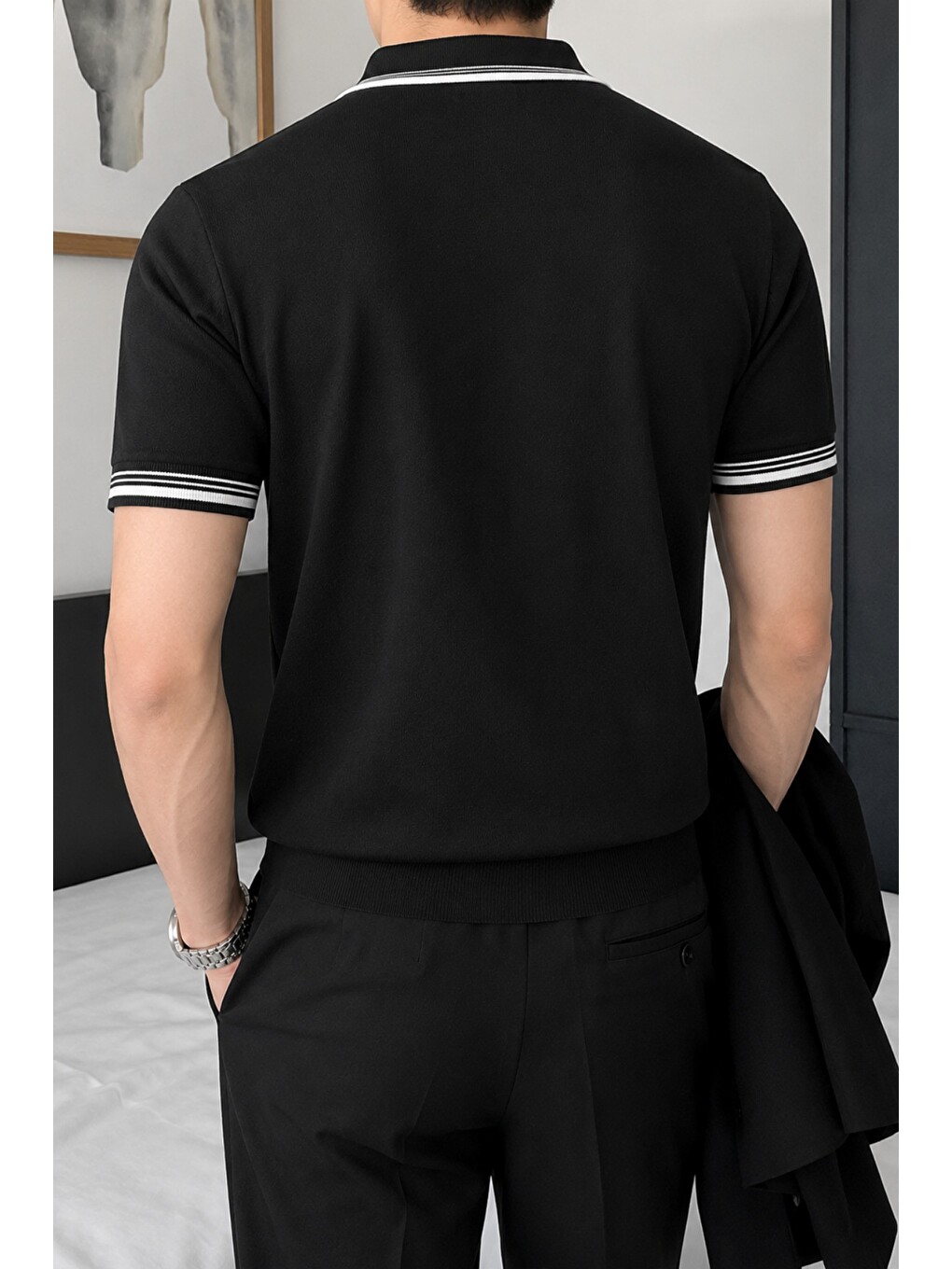 Siyah Erkek Fermuar Yaka Triko Polo Tişört – Slim Fit Pamuklu Yazlık Triko-2