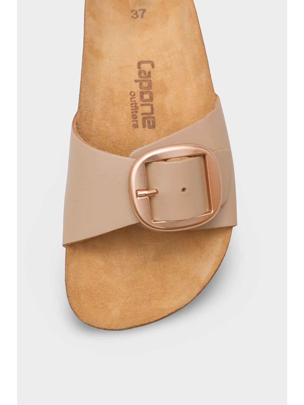 Bej Lee Büyük Tokalı Anatomik Mantar Tabanlı Deri Terlik-2