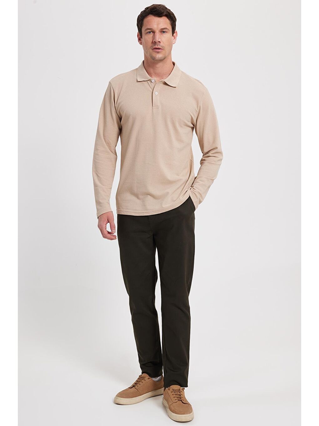 Bej Erkek Standart Fit Rahat Kesim Pamuklu Yumuşak Dokulu Düz Pike Uzun Kollu Taş Polo Yaka Tişört-2