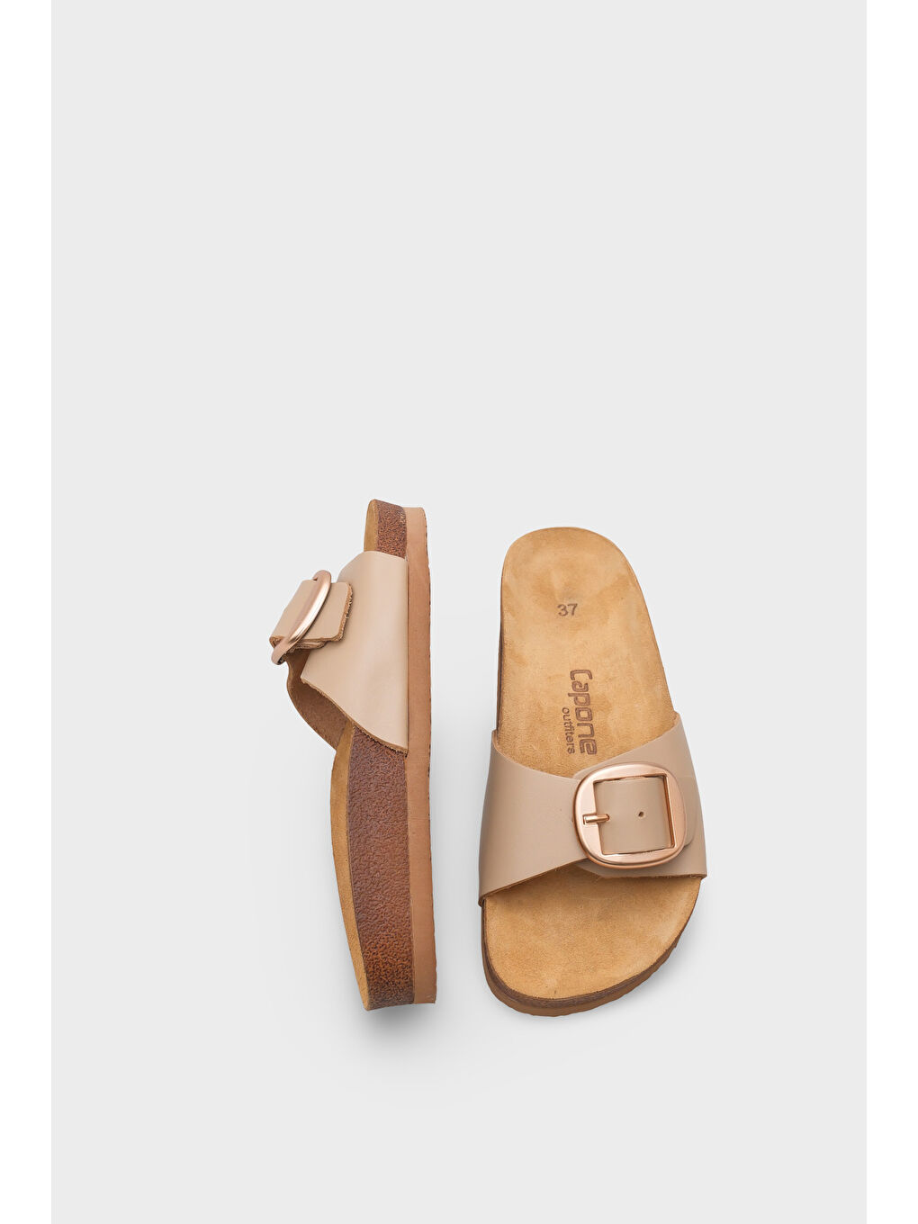 Bej Lee Büyük Tokalı Anatomik Mantar Tabanlı Deri Terlik-4