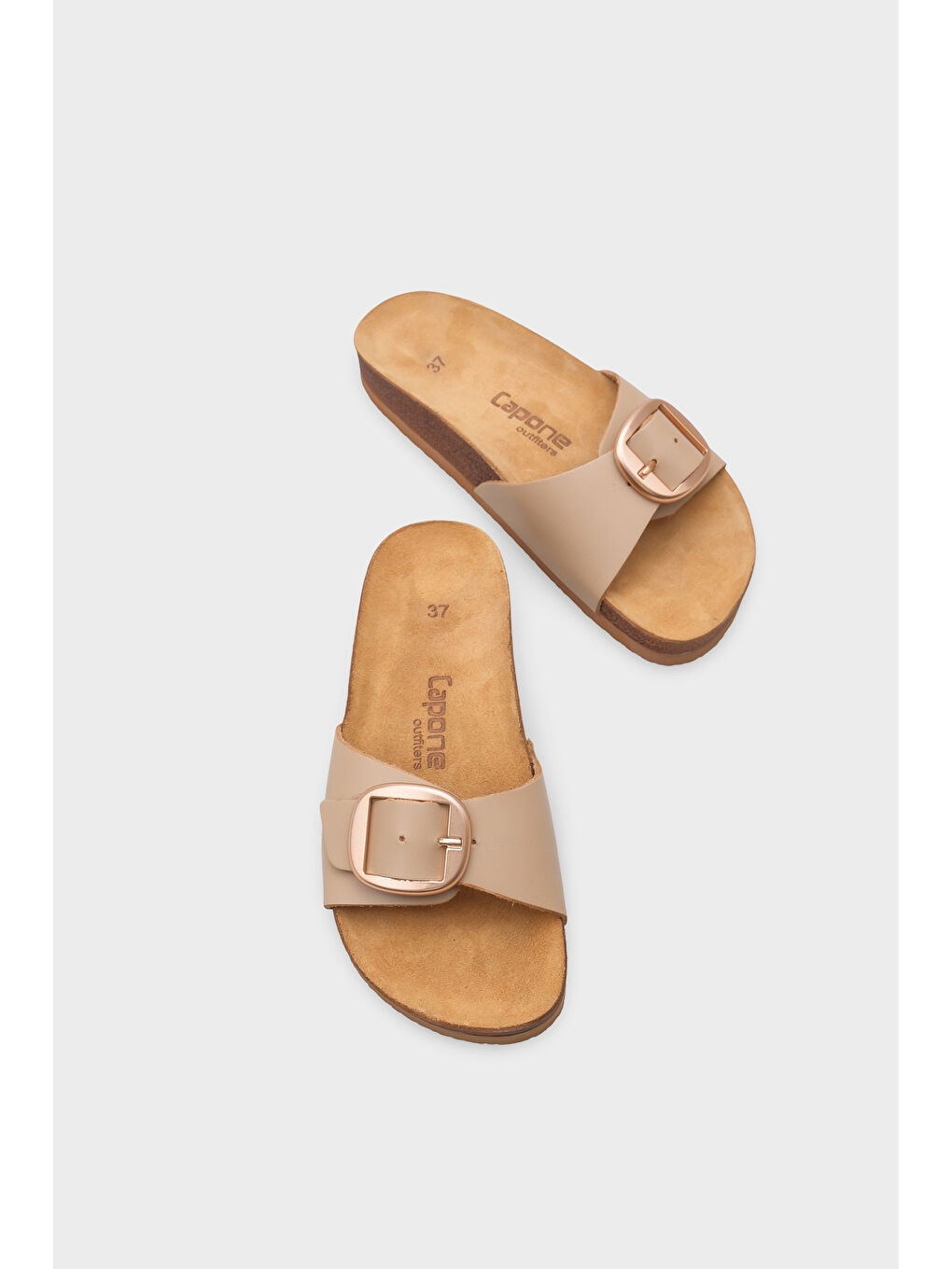 Bej Lee Büyük Tokalı Anatomik Mantar Tabanlı Deri Terlik-5