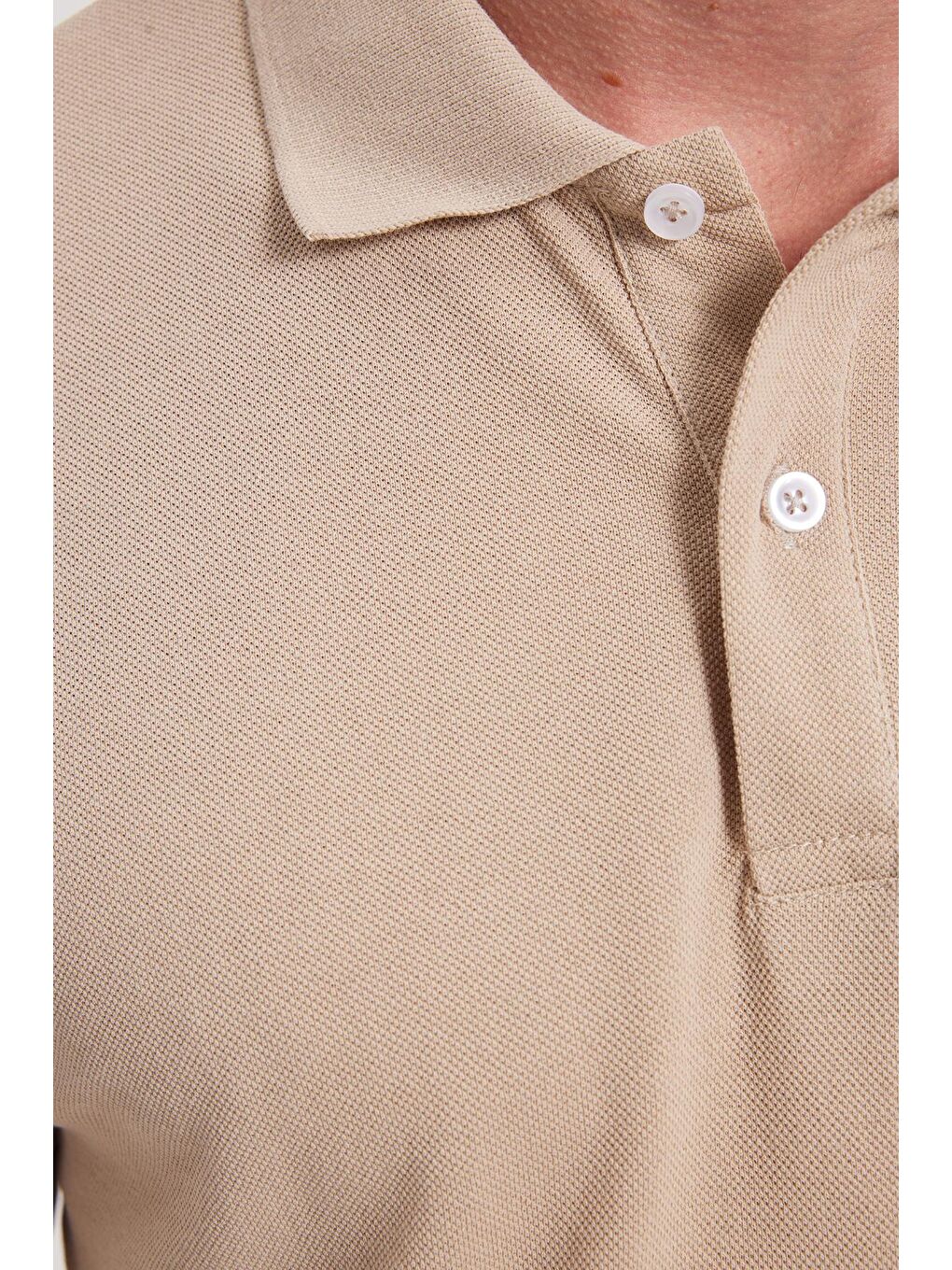 Bej Erkek Standart Fit Rahat Kesim Pamuklu Yumuşak Dokulu Düz Pike Uzun Kollu Taş Polo Yaka Tişört-5