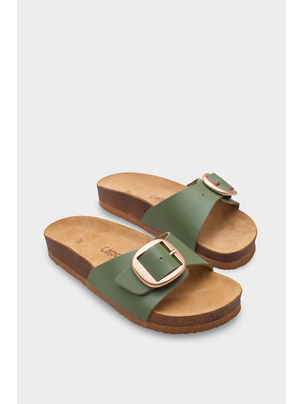 Yeşil Lee Büyük Tokalı Anatomik Mantar Tabanlı Deri Terlik-1