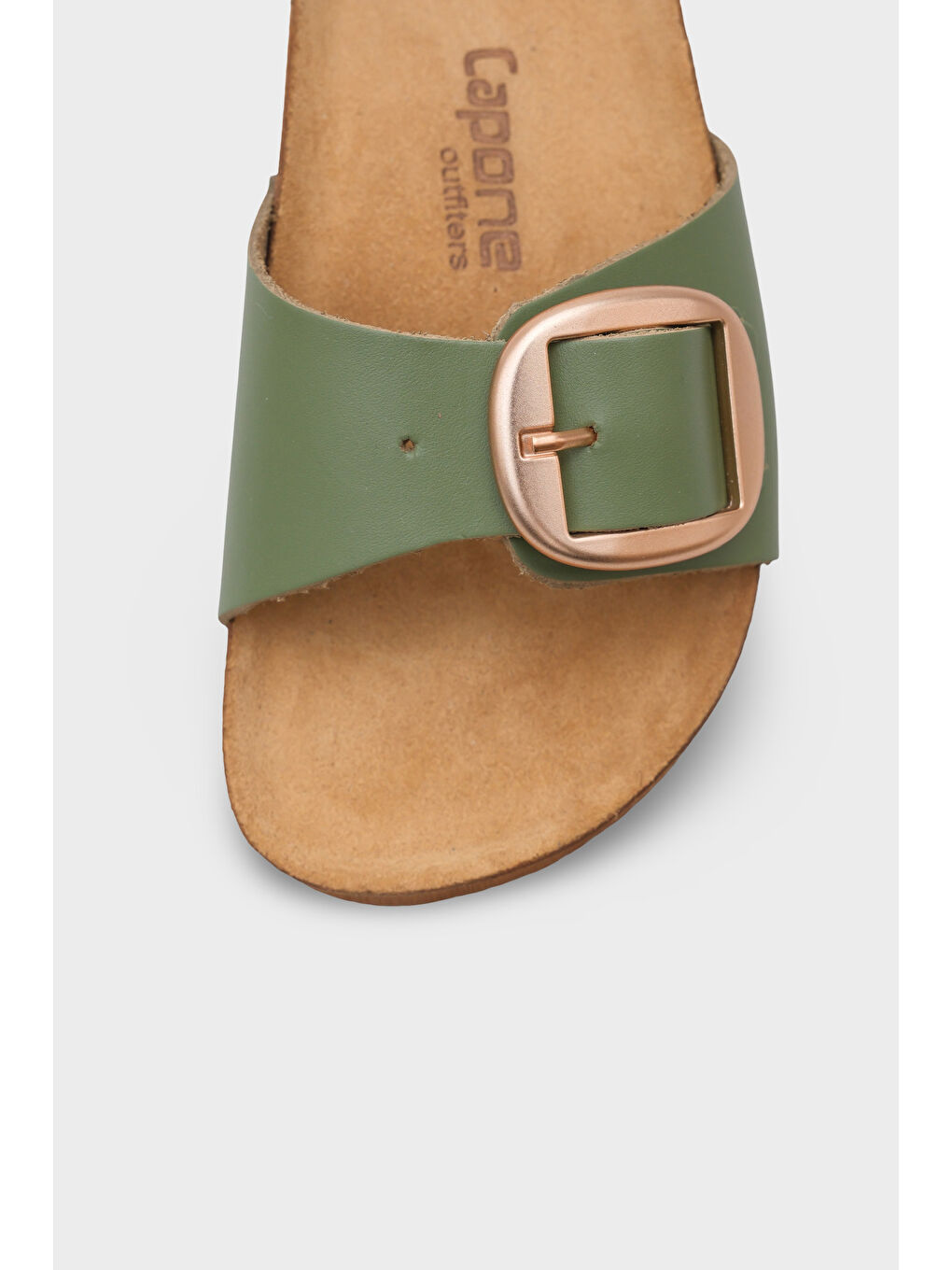 Yeşil Lee Büyük Tokalı Anatomik Mantar Tabanlı Deri Terlik-2