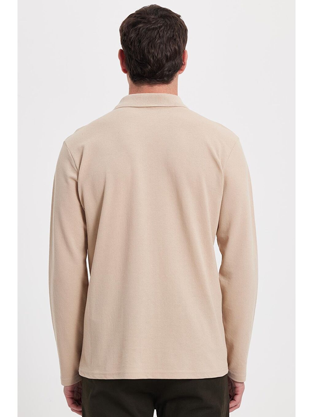 Bej Erkek Standart Fit Rahat Kesim Pamuklu Yumuşak Dokulu Düz Pike Uzun Kollu Taş Polo Yaka Tişört-6