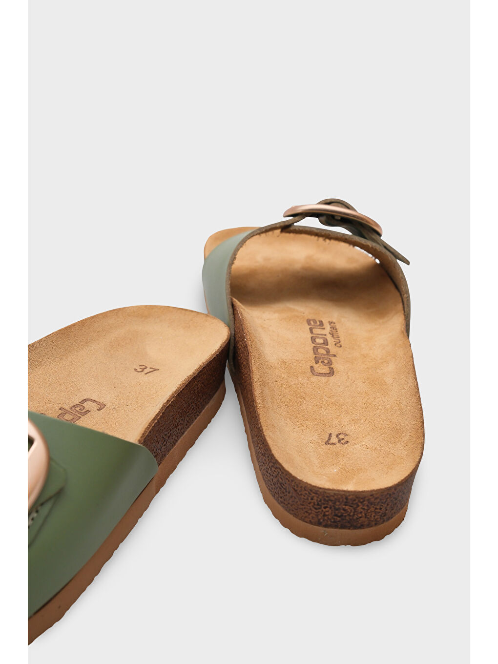 Yeşil Lee Büyük Tokalı Anatomik Mantar Tabanlı Deri Terlik-3