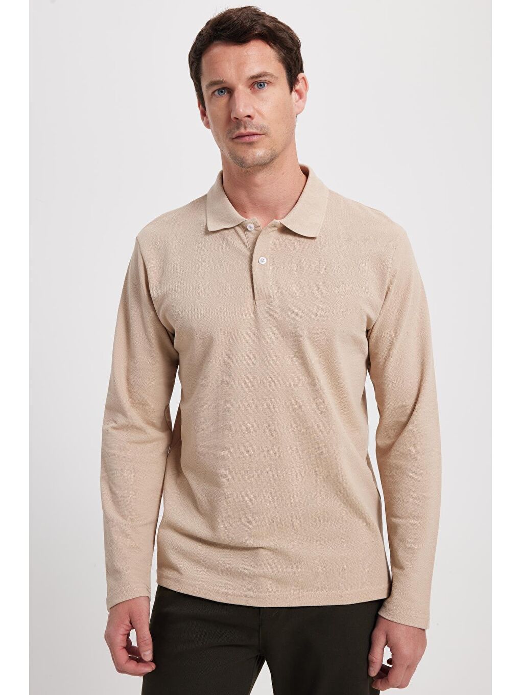 Bej Erkek Standart Fit Rahat Kesim Pamuklu Yumuşak Dokulu Düz Pike Uzun Kollu Taş Polo Yaka Tişört-7