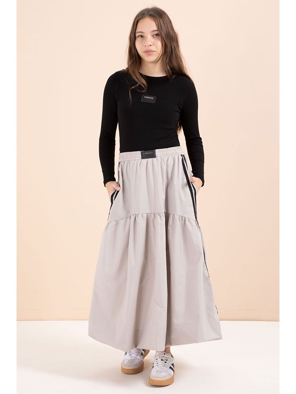 Kahverengi Şeritli Balon Etekli Uzun Kol Badili 2li Kız Çocuk Takım 23466-1