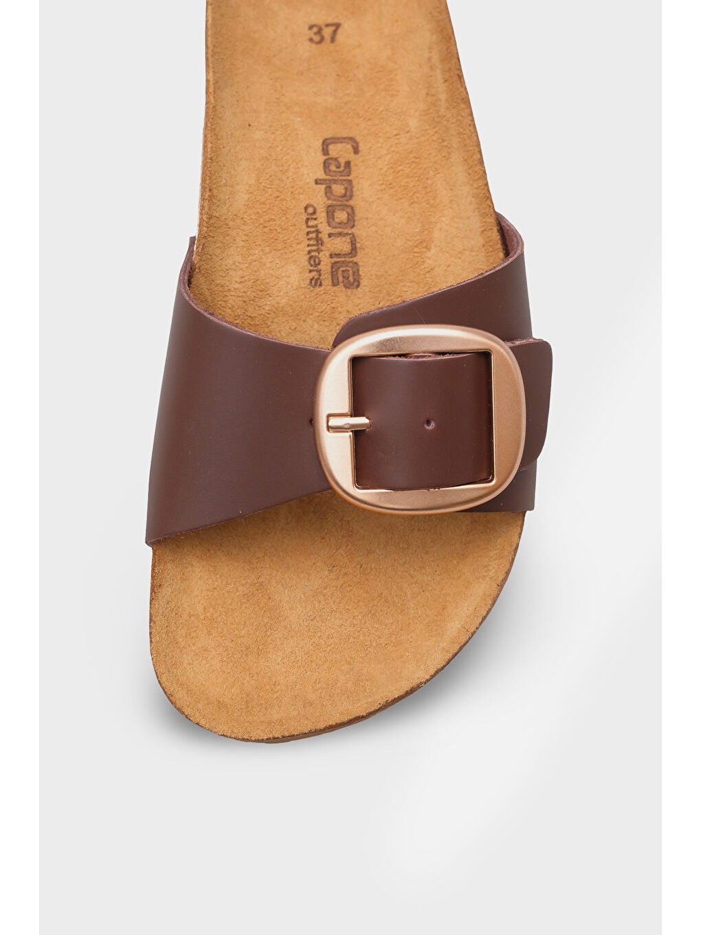 Kahverengi Lee Büyük Tokalı Anatomik Mantar Tabanlı Deri Terlik-2