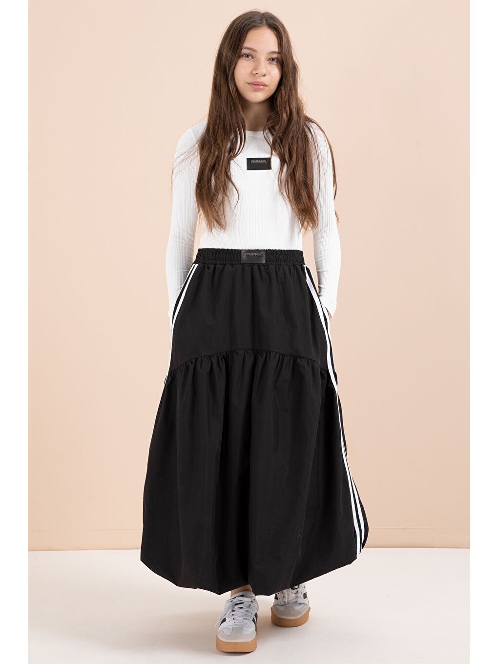 Siyah Şeritli Balon Etekli Uzun Kol Badili 2li Kız Çocuk Takım 23463