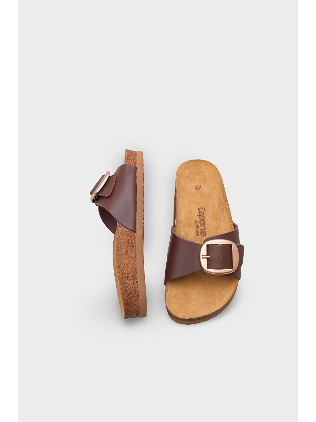 Kahverengi Lee Büyük Tokalı Anatomik Mantar Tabanlı Deri Terlik-4