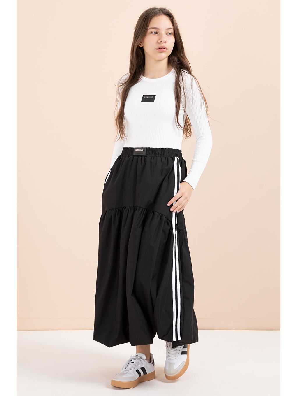 Siyah Şeritli Balon Etekli Uzun Kol Badili 2li Kız Çocuk Takım 23463-1