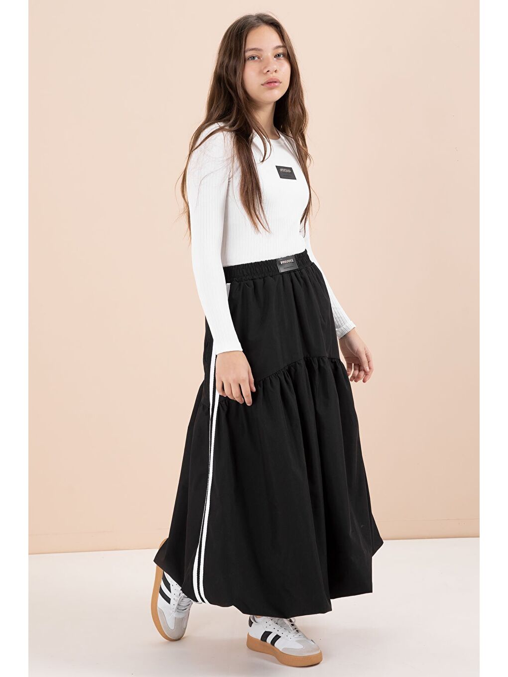 Siyah Şeritli Balon Etekli Uzun Kol Badili 2li Kız Çocuk Takım 23463-2