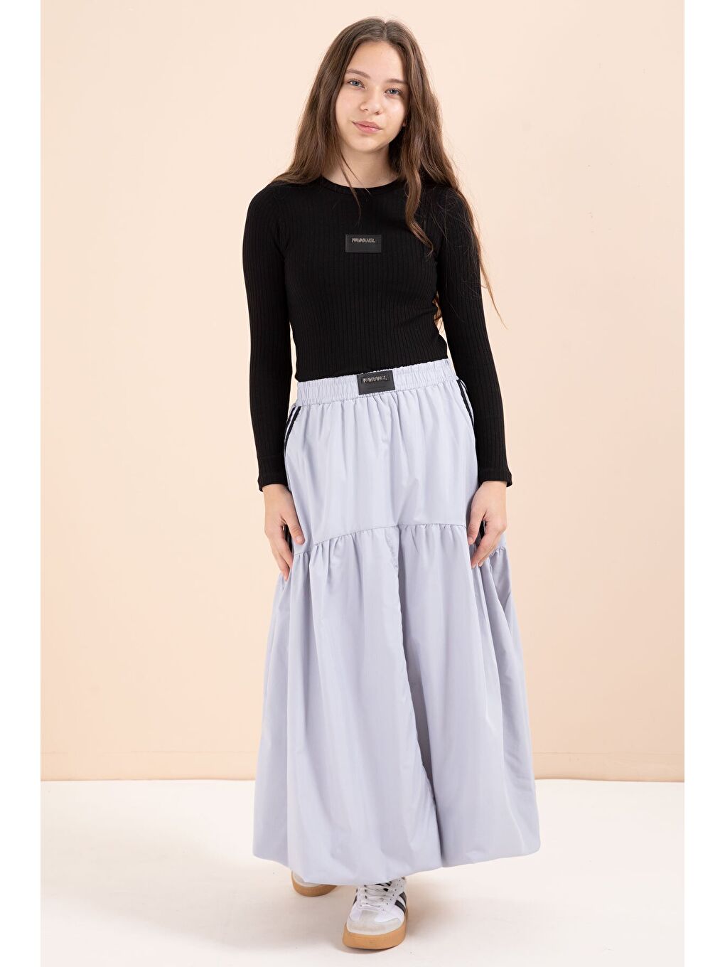 Gri Şeritli Balon Etekli Uzun Kol Badili 2li Kız Çocuk Takım 23465-2