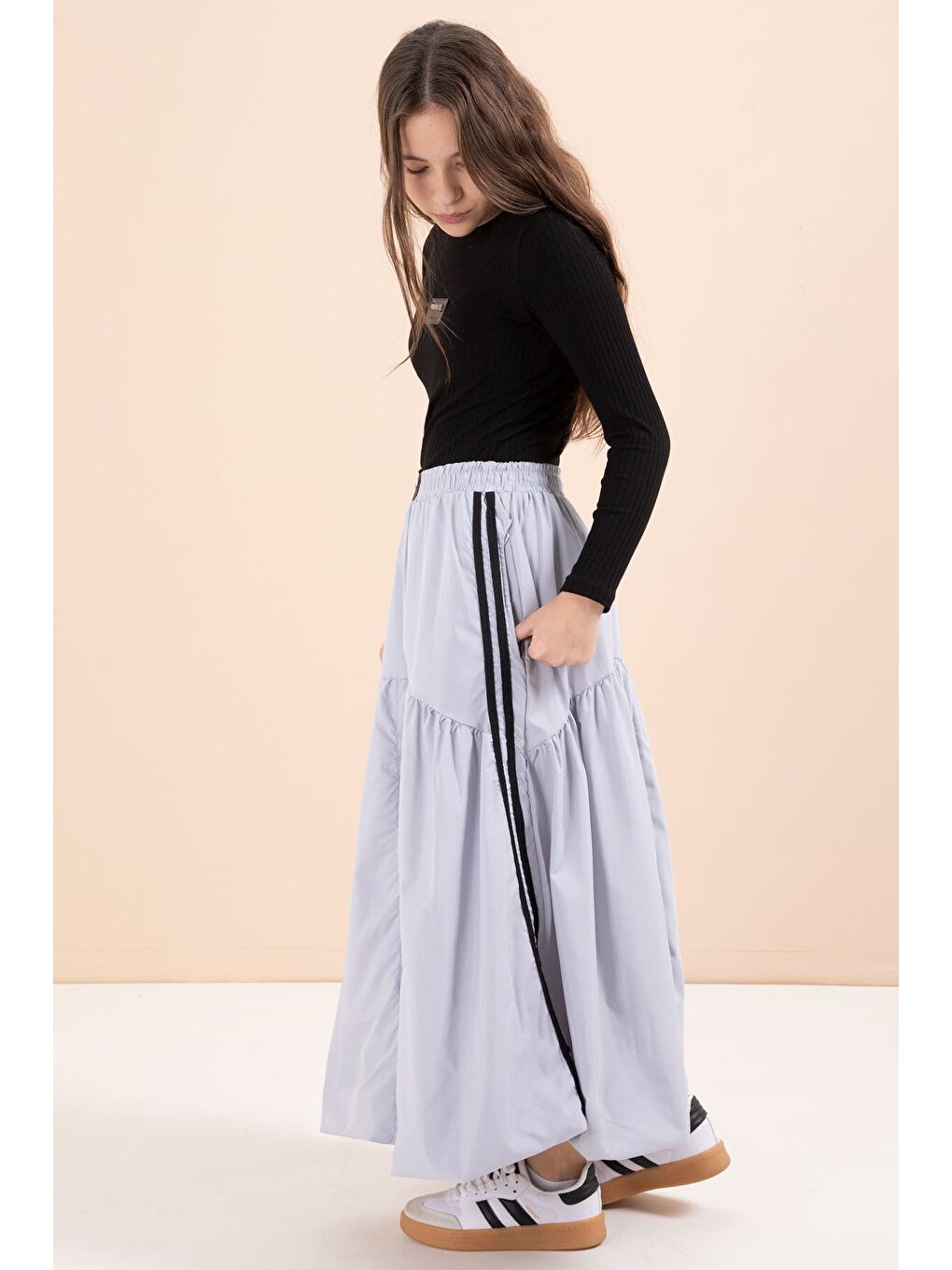 Gri Şeritli Balon Etekli Uzun Kol Badili 2li Kız Çocuk Takım 23465-3