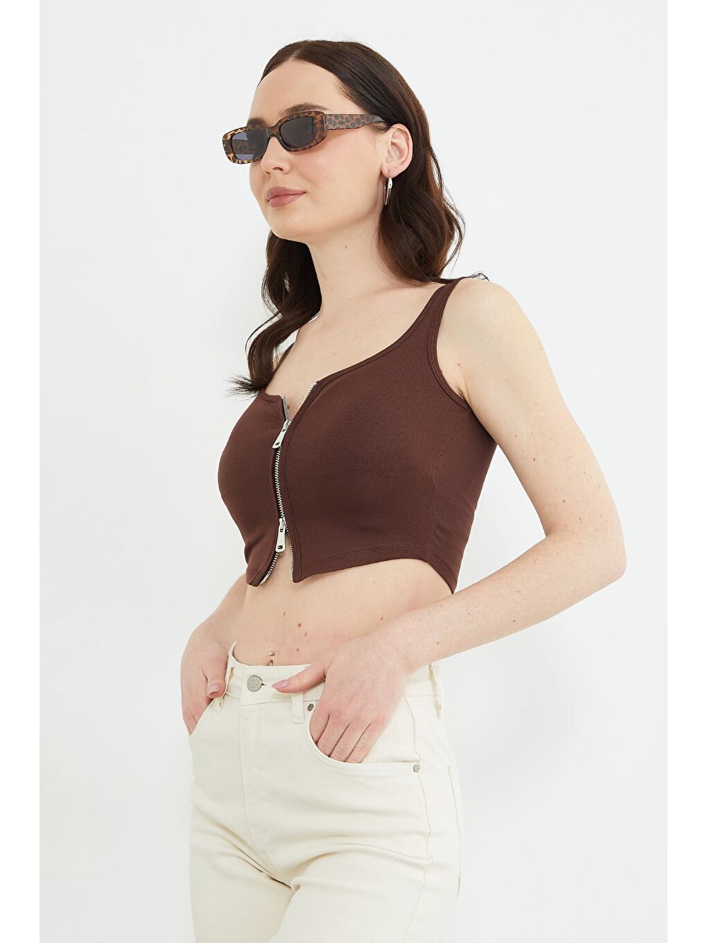 Kahverengi Basic Çift Fermuarlı Kaplı Bluz-1