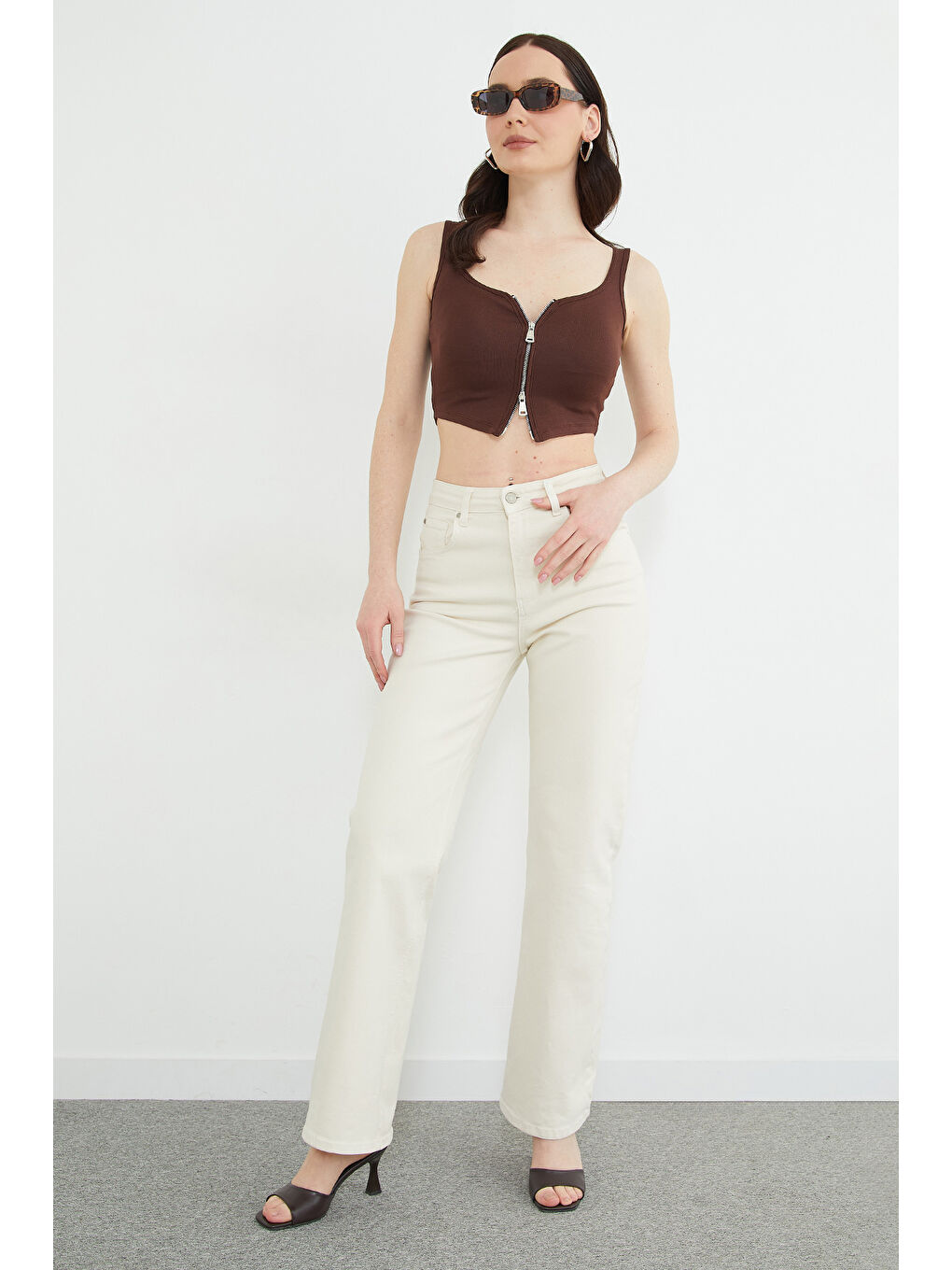 Kahverengi Basic Çift Fermuarlı Kaplı Bluz-2