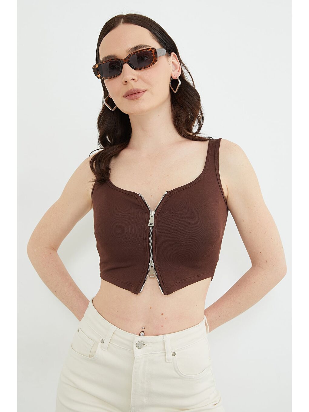 Kahverengi Basic Çift Fermuarlı Kaplı Bluz-3