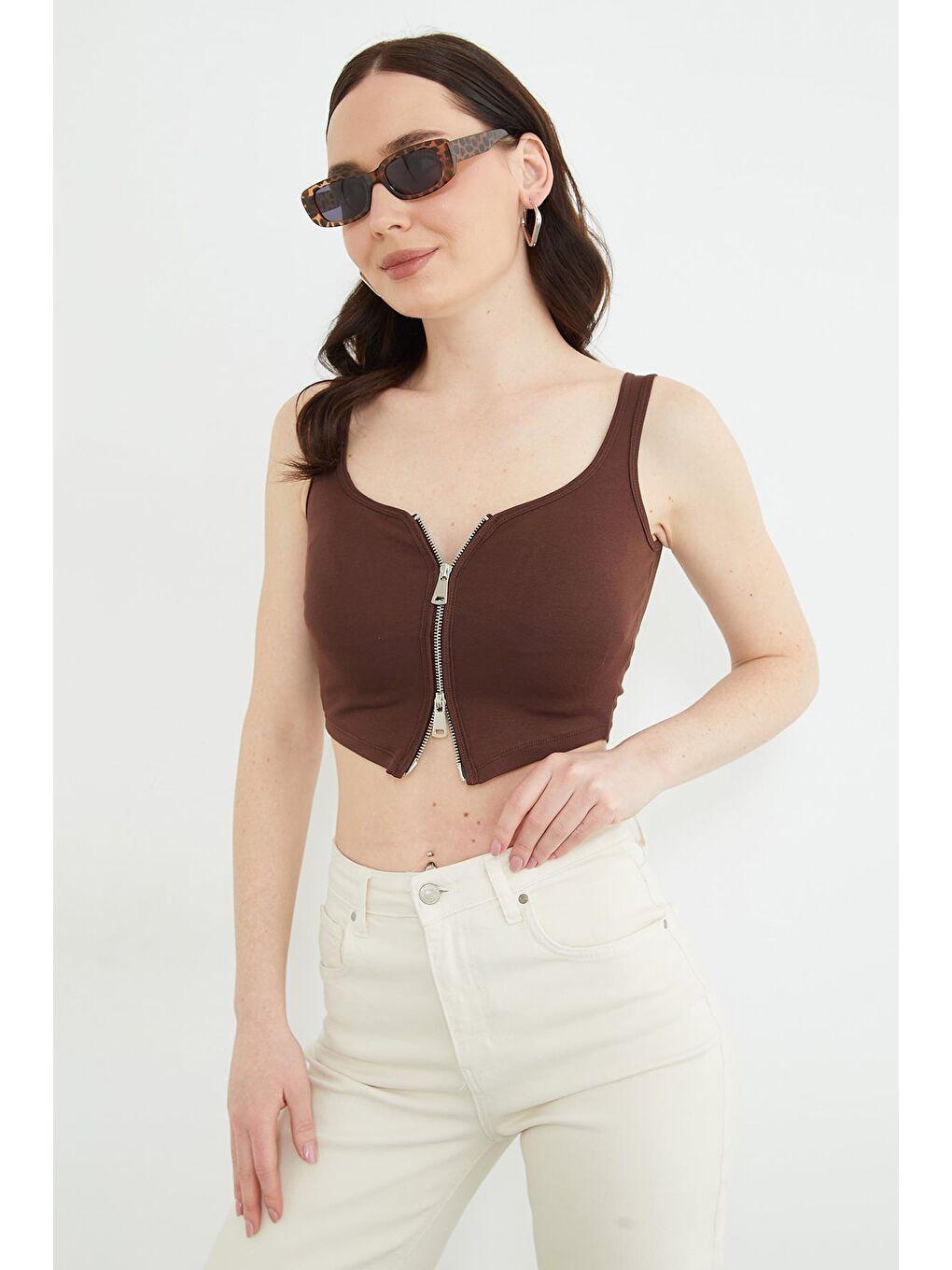 Kahverengi Basic Çift Fermuarlı Kaplı Bluz-4