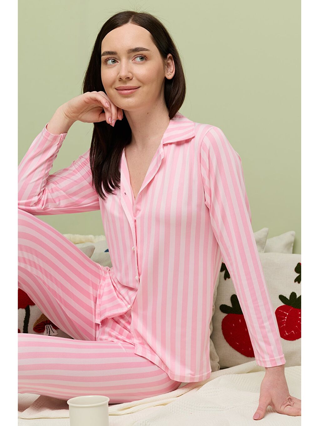 Pembe Ekose Desenli Gömlek Yaka Pijama Takımı-1