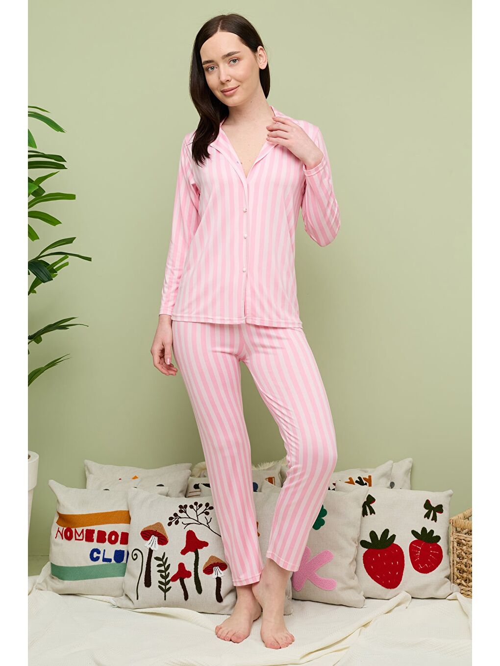 Pembe Ekose Desenli Gömlek Yaka Pijama Takımı-2