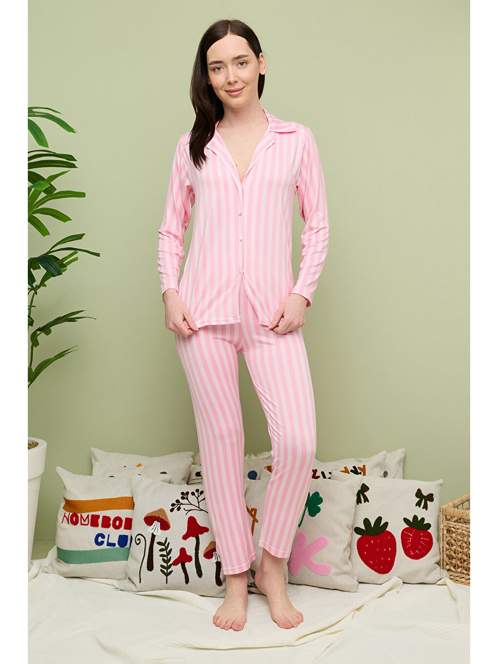 Pembe Ekose Desenli Gömlek Yaka Pijama Takımı-3