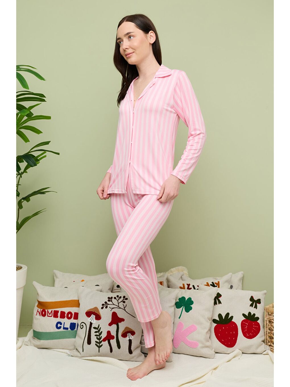 Pembe Ekose Desenli Gömlek Yaka Pijama Takımı-4