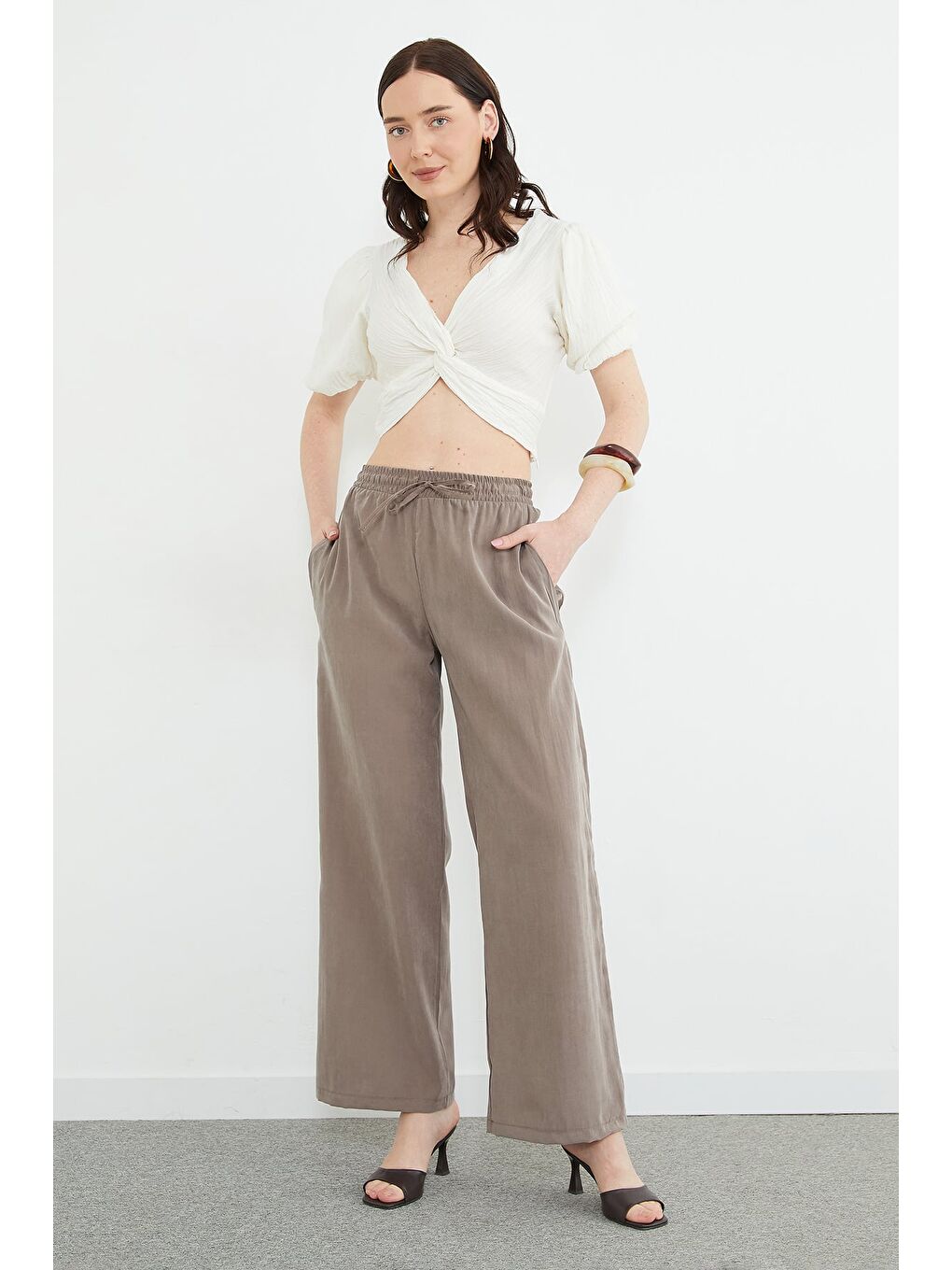 Kahverengi Beli Lastikli Cepli Palazzo Pantolon-1