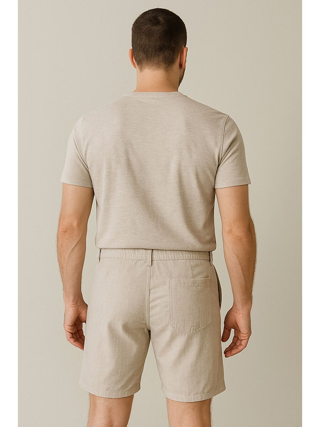 Bej Bel Bağcıklı Keten Erkek Şort-1