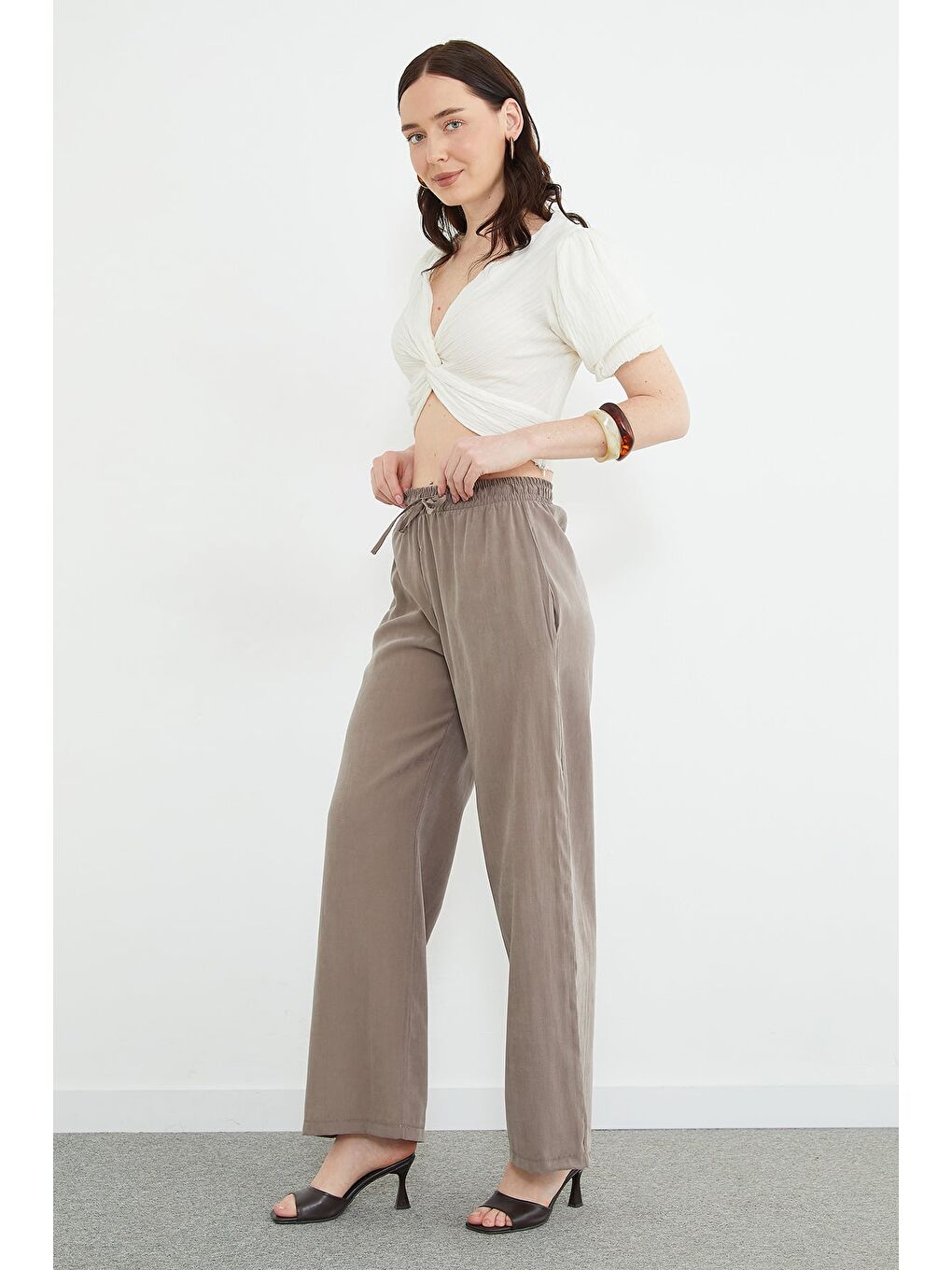 Kahverengi Beli Lastikli Cepli Palazzo Pantolon-2