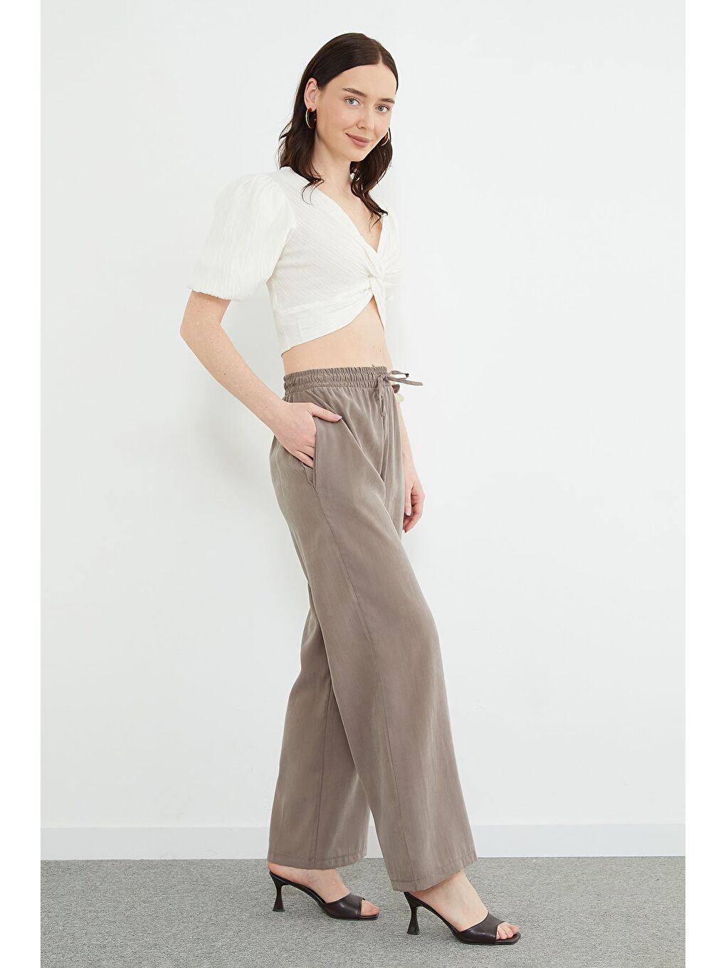Kahverengi Beli Lastikli Cepli Palazzo Pantolon-3