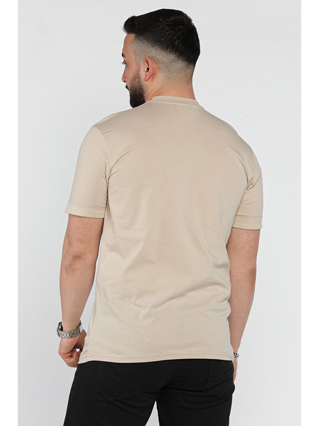 Bej Bisiklet Yaka Kol Katlamalı Baskılı Erkek Tişört-2