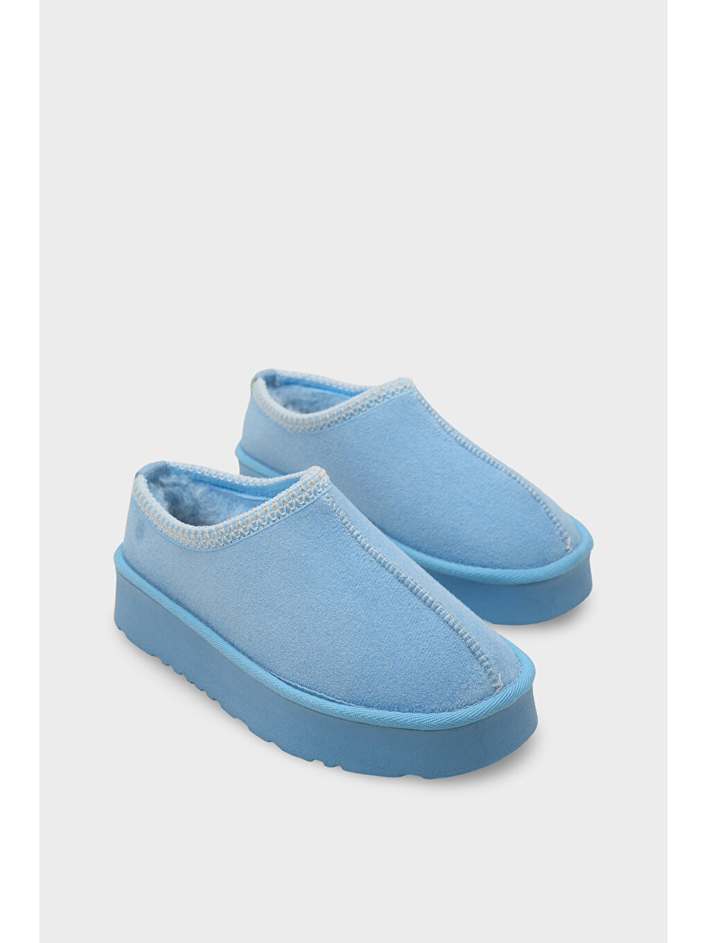 Turkuaz Carroll Kalın Tabanlı Yuvarlak Burunlu Kürklü Kadın Kapalı Terlik-1