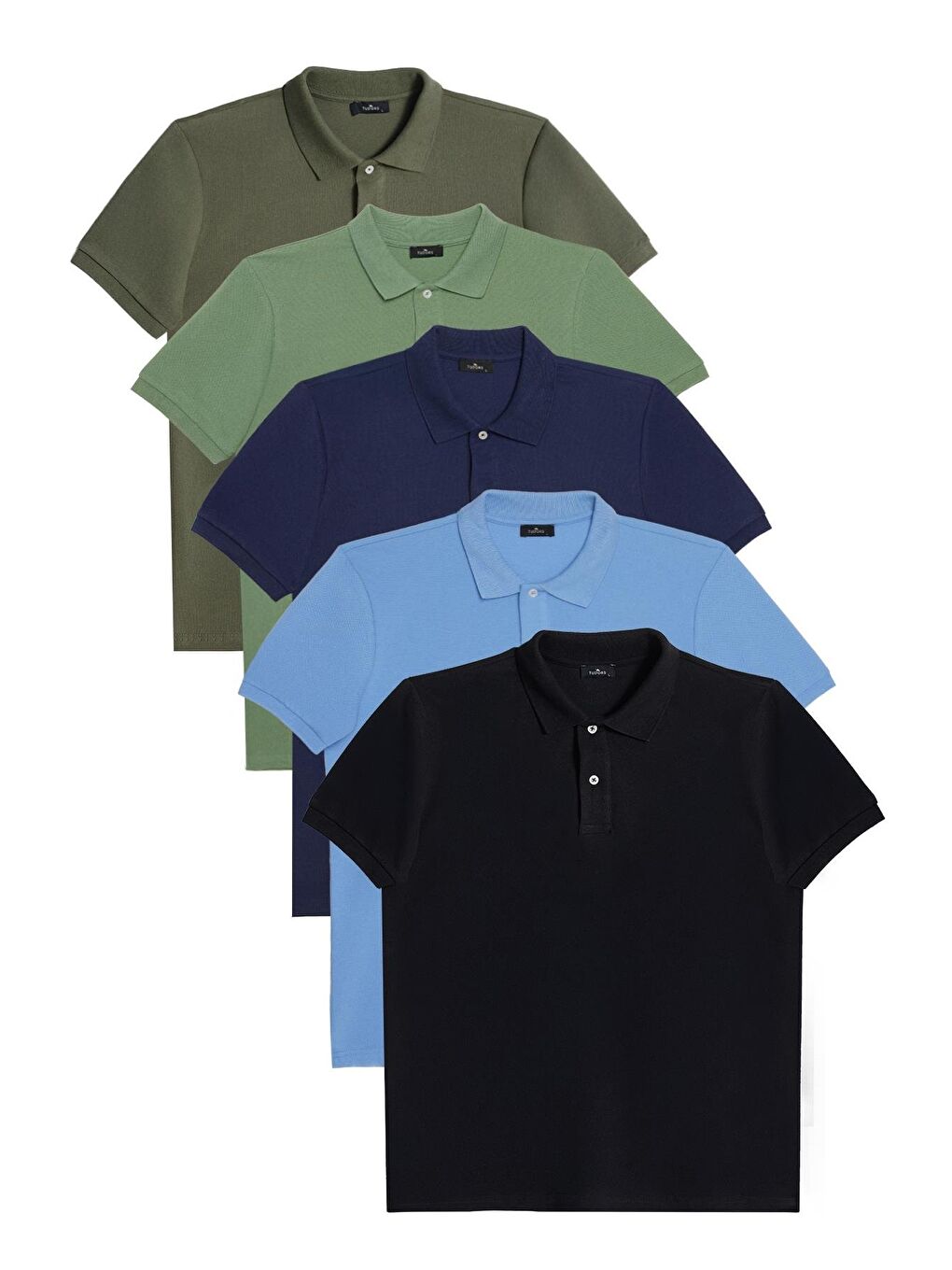 Karışık Erkek 5'Li Paket Haki-Yeşil-Lacivert-Mavi-Siyah Slim Fit Dar Kesim Pamuklu Düz Polo Yaka Tişört