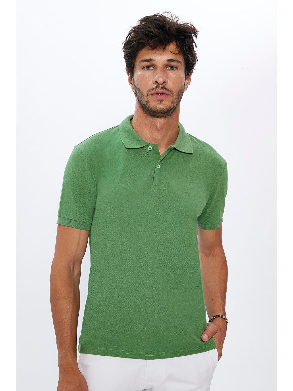 Karışık Erkek 5'Li Paket Haki-Yeşil-Lacivert-Mavi-Siyah Slim Fit Dar Kesim Pamuklu Düz Polo Yaka Tişört-2