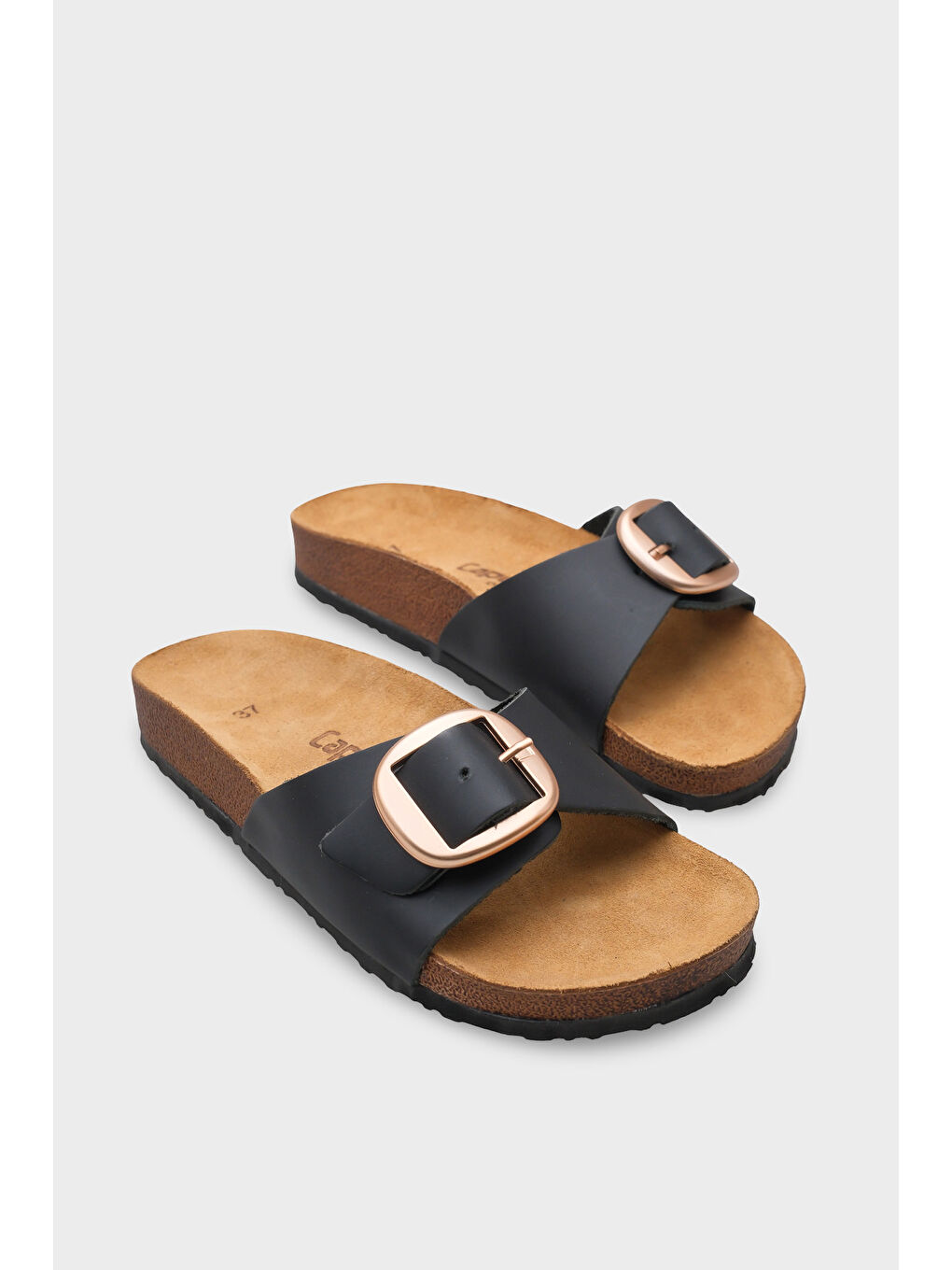 Siyah Lee Büyük Tokalı Anatomik Mantar Tabanlı Deri Terlik-1