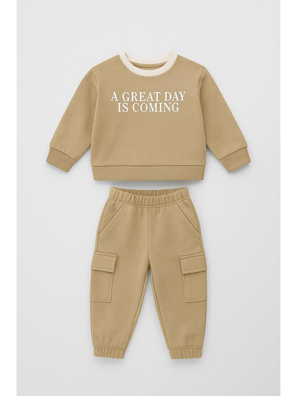 Bej Erkek Çocuk Alt Üst %100 Pamuklu Yazı Baskılı Takım (3-4 Yaş 8-9 Yaş)-1