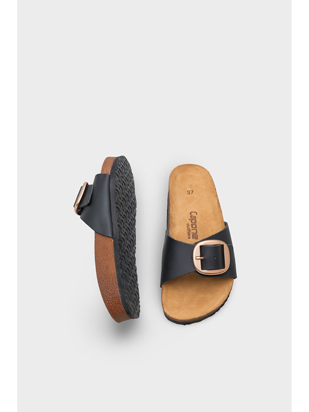 Siyah Lee Büyük Tokalı Anatomik Mantar Tabanlı Deri Terlik-4