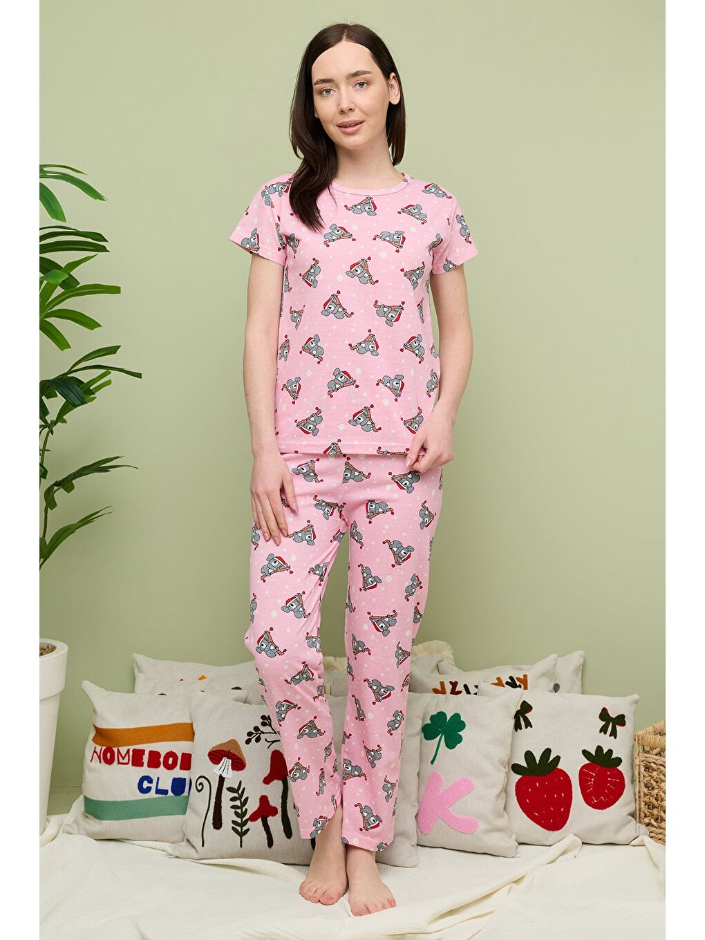 Pembe Kalp Desenli Bisiklet Yaka Kısa Kollu Pijama Takımı-2