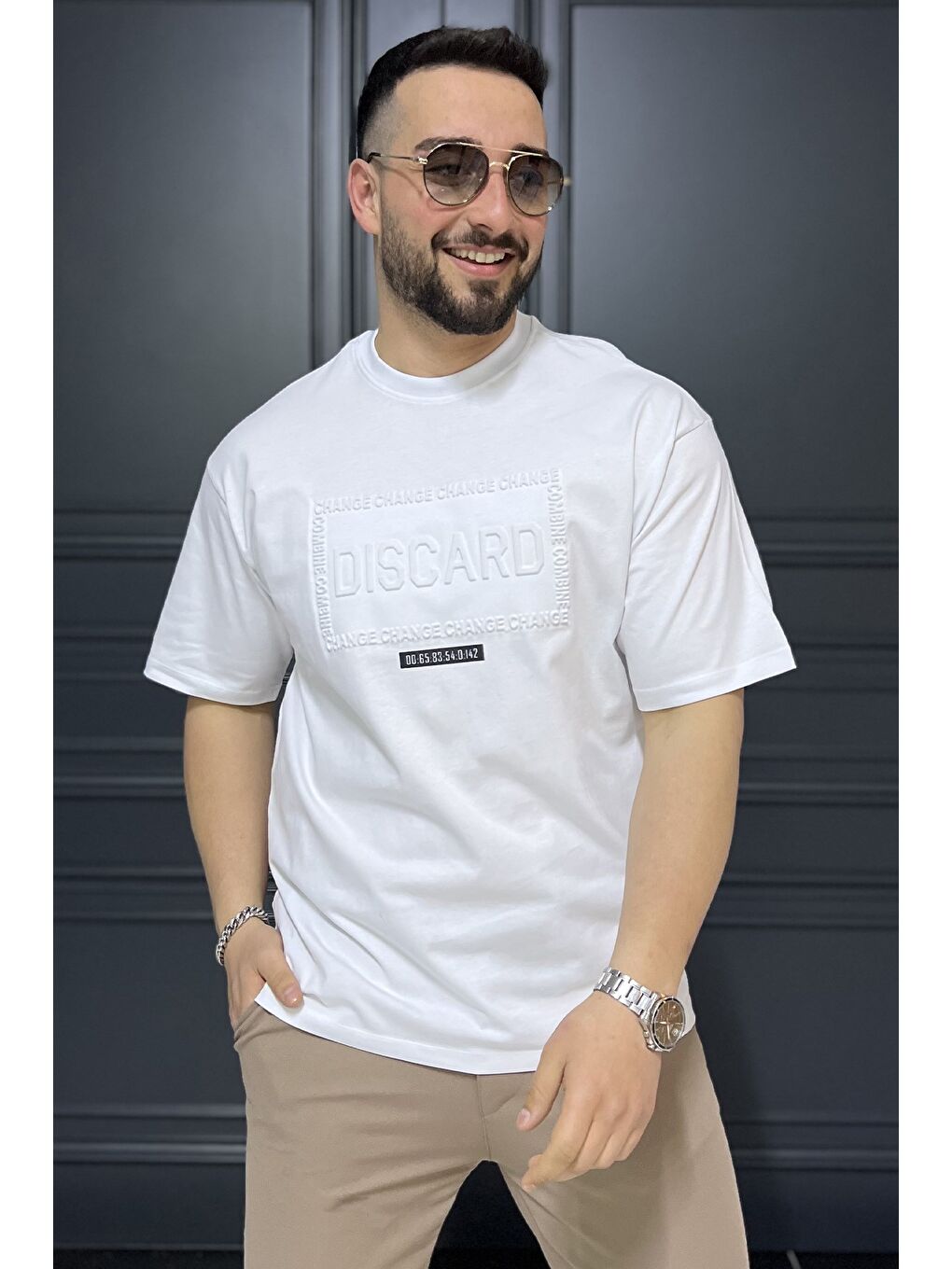 Beyaz Erkek Yazı Baskılı  Tişört-1