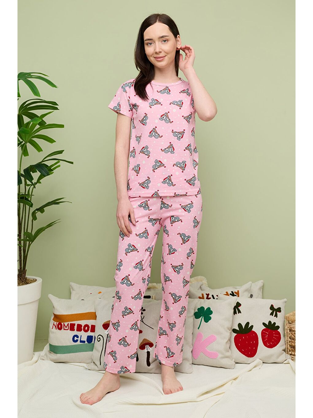 Pembe Kalp Desenli Bisiklet Yaka Kısa Kollu Pijama Takımı-3
