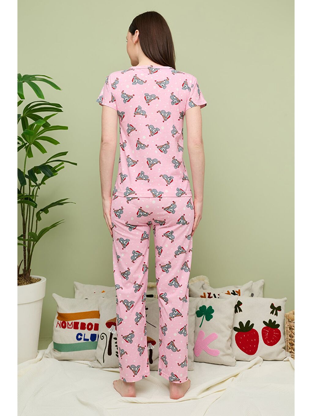 Pembe Kalp Desenli Bisiklet Yaka Kısa Kollu Pijama Takımı-4