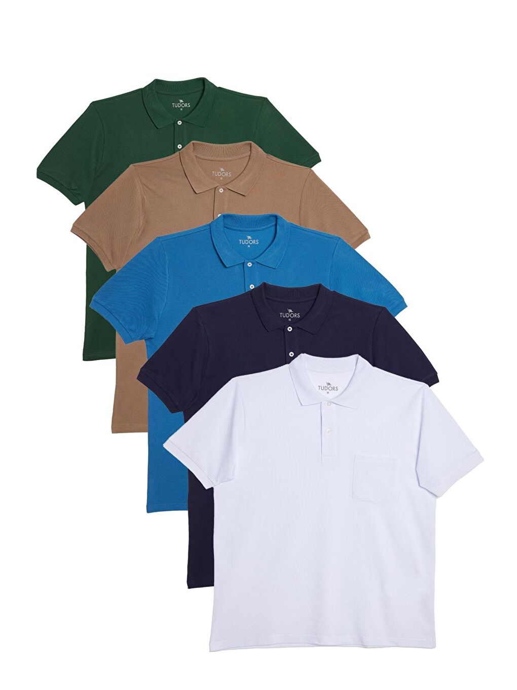 Karışık Erkek Regular Fit %100 Pamuk 5'Li Yeşil-Kahverengi-İndigo-Beyaz-Lacivert Renk Cepli Polo Yaka Tişört