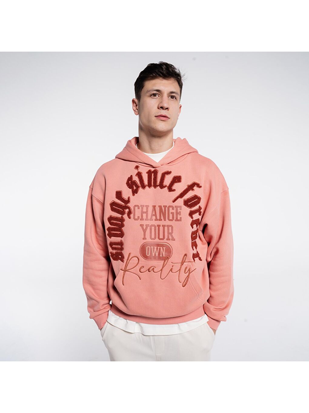 Pembe Erkek Somon Ekstra Oversize Kapüşonlu Sweatshirt Hoodie - Şardonlu 3 İplik