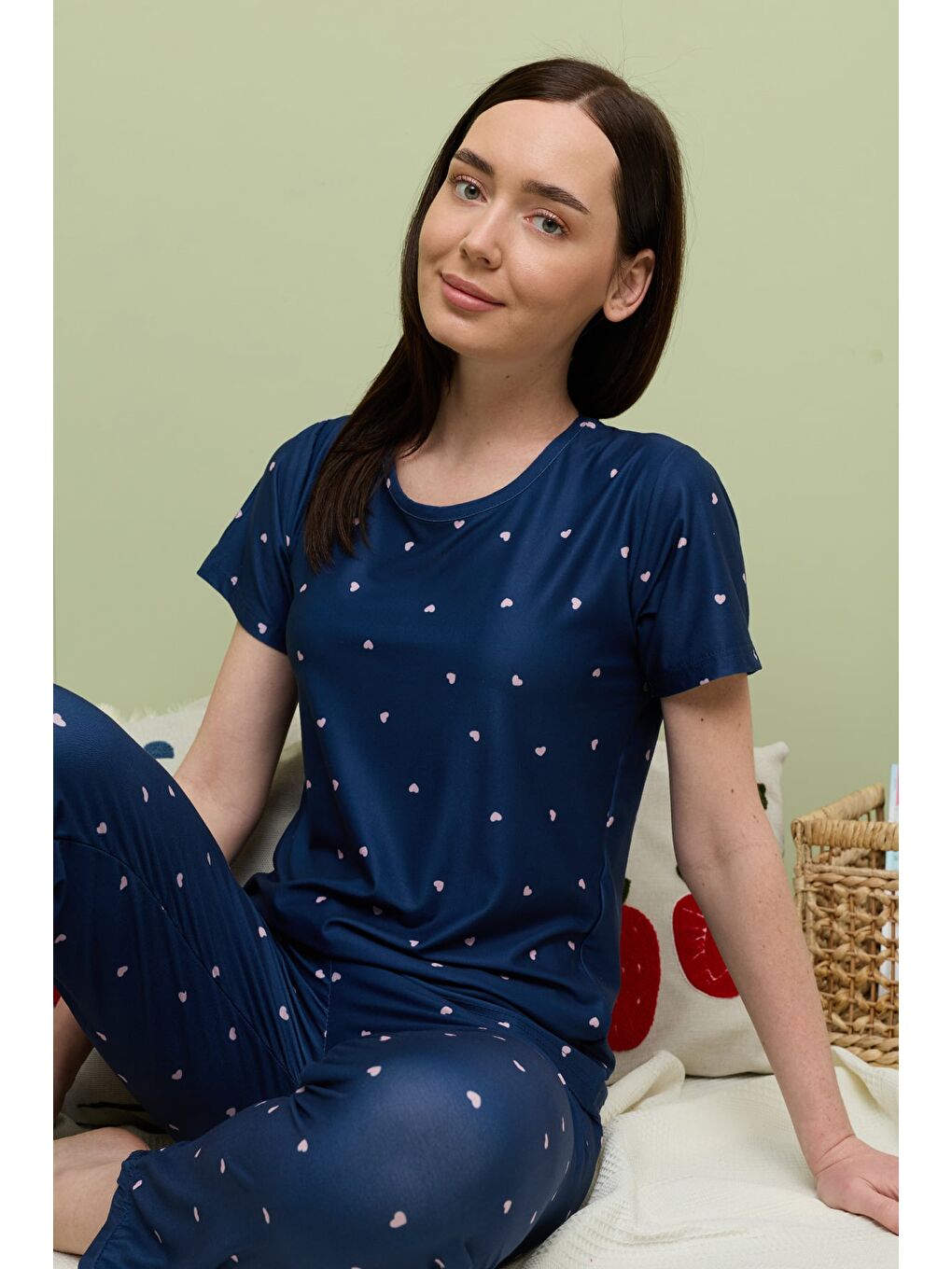 Lacivert Büyük Kalpli Desenli Bisiklet Yaka Kısa Kollu Pijama Takımı-1