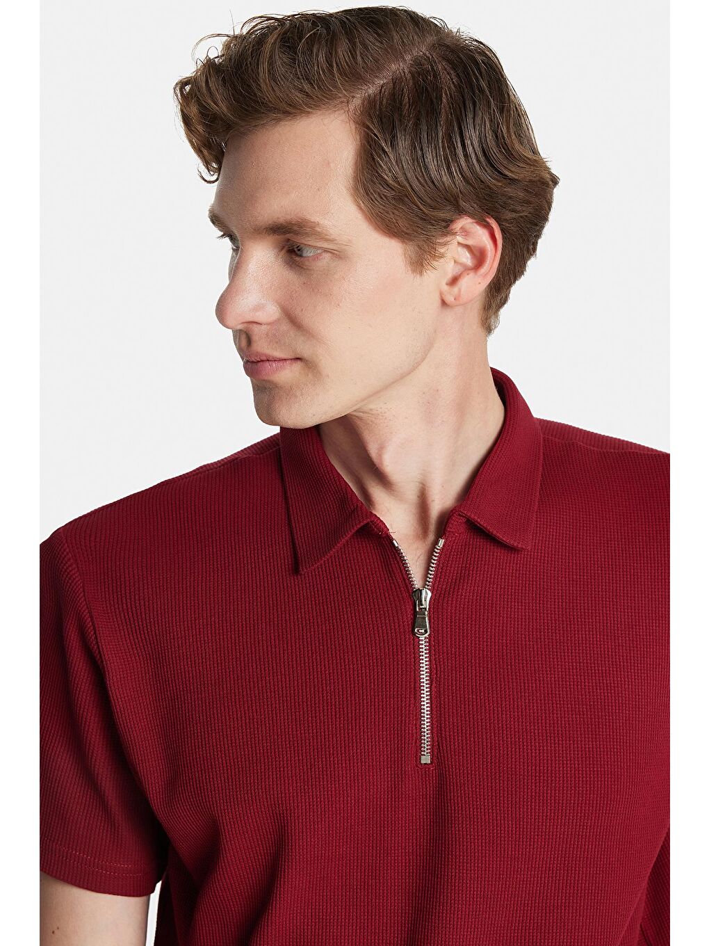Erkek Slim Fit Dar Kesim %100 Pamuk Fermuarlı Bordo Polo Yaka Tişört-1