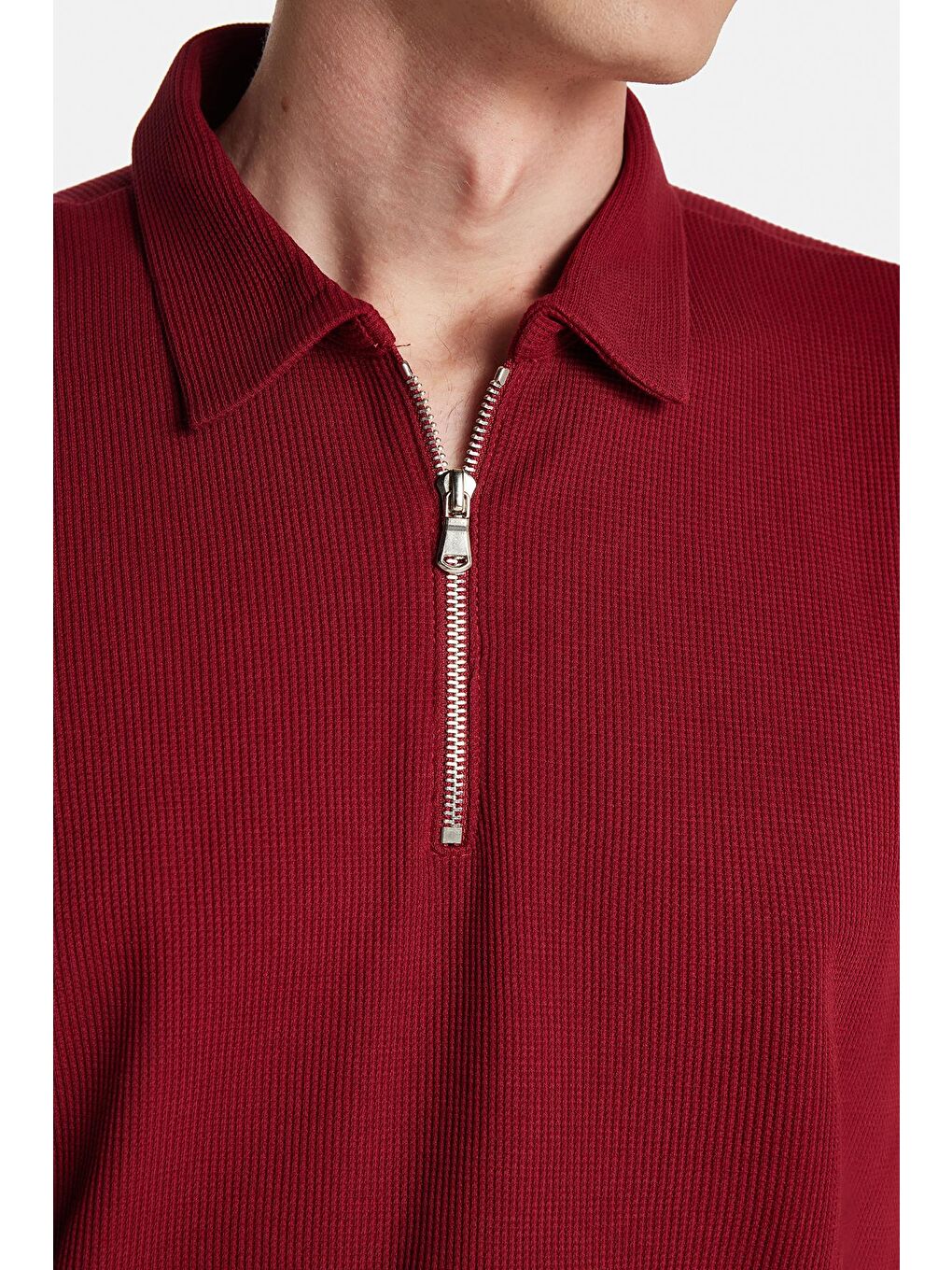 Erkek Slim Fit Dar Kesim %100 Pamuk Fermuarlı Bordo Polo Yaka Tişört-2