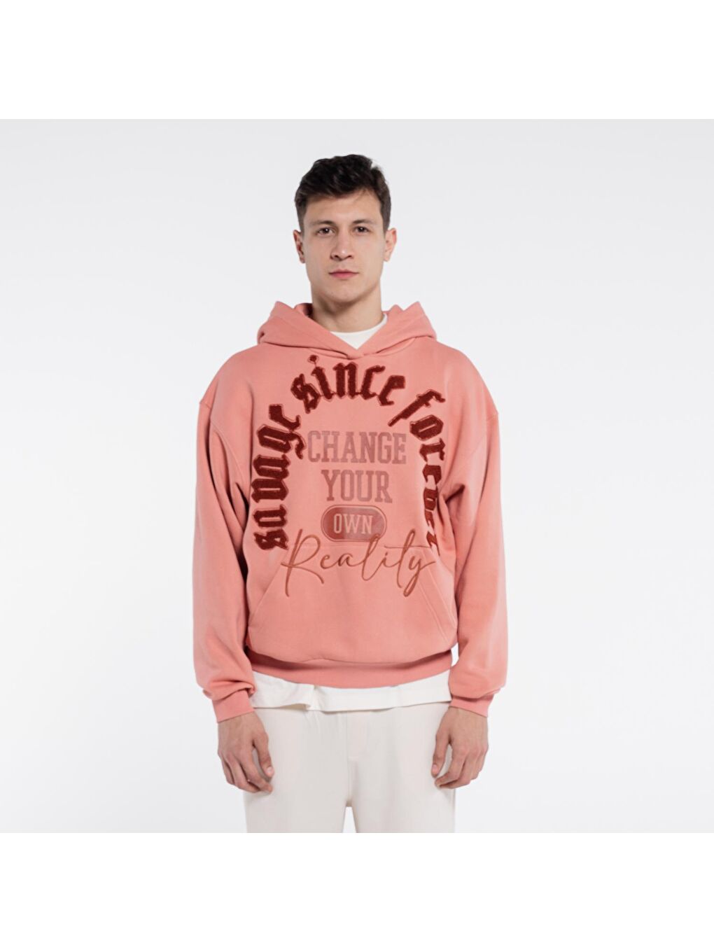 Pembe Erkek Somon Ekstra Oversize Kapüşonlu Sweatshirt Hoodie - Şardonlu 3 İplik-2