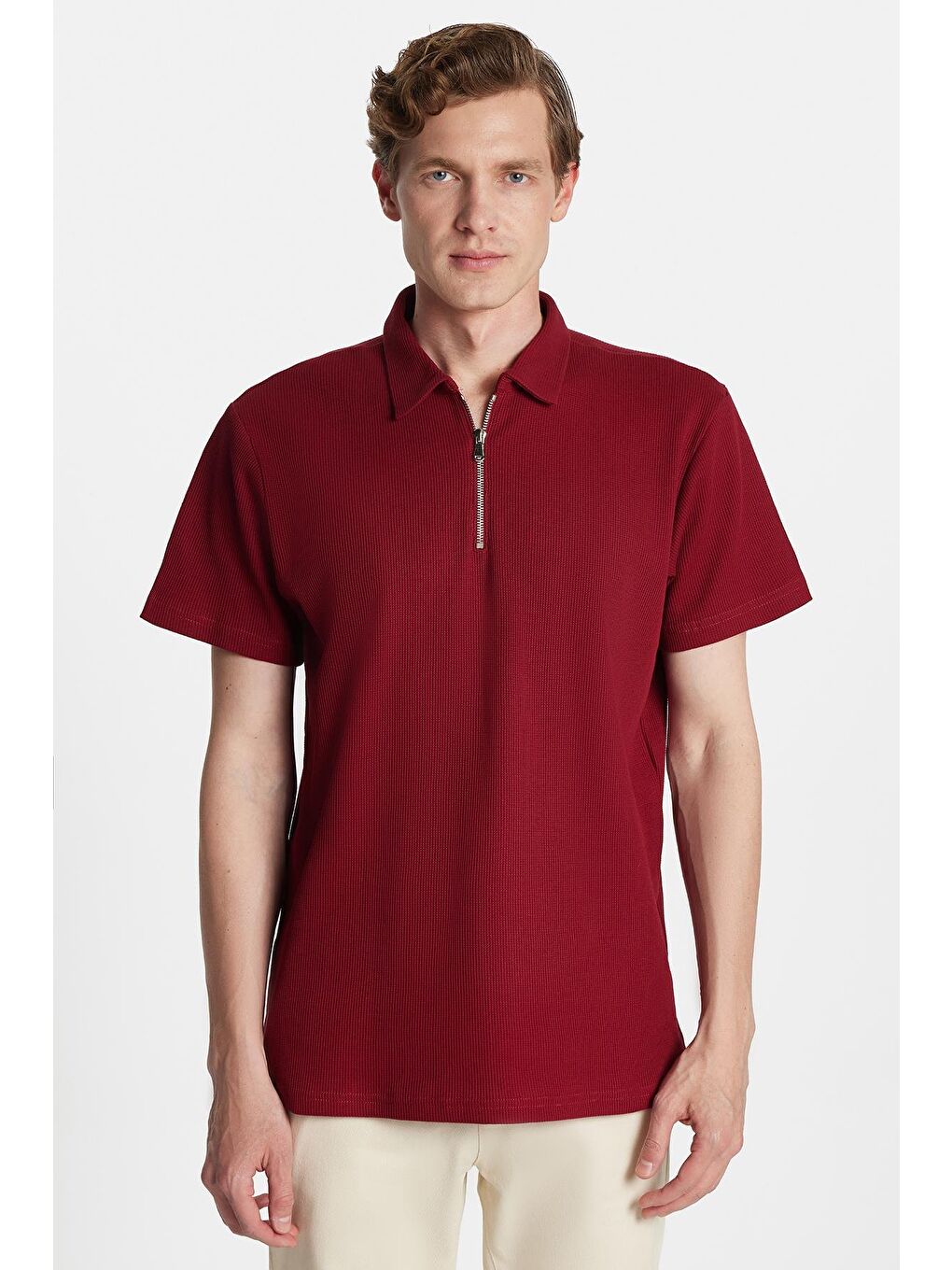 Erkek Slim Fit Dar Kesim %100 Pamuk Fermuarlı Bordo Polo Yaka Tişört-3