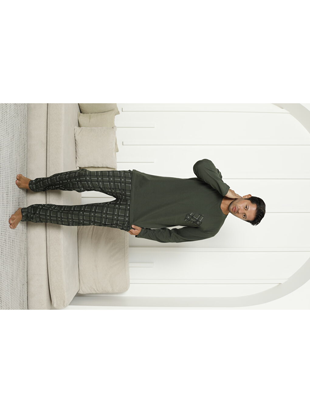 Haki Erkek %100 Organik Doğal Pamuk Ekose Cep Detaylı Yüksek Kalite Uzun Kollu Pijama Takımı